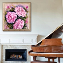 «Три розовых пиона в букете» в интерьере классической гостиной над камином