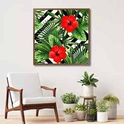 «Тропические цветы и листья на геометрическом фоне» в интерьере современной комнаты над креслом