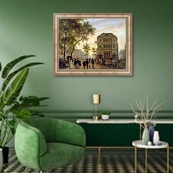 «Boulevard Saint-Martin and the Theatre de l'Ambigu, 1830» в интерьере гостиной в зеленых тонах