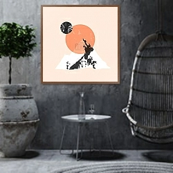 «Гора с луной и солнцем 2» в интерьере в этническом стиле в серых тонах