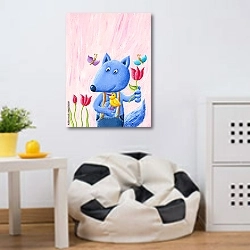«Симпатичная голубая лиса держит птицу и цветок» в интерьере детской комнаты для маленького футболиста