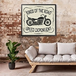 «Винтажная эмблема с мотоциклом» в интерьере гостиной в стиле лофт над диваном