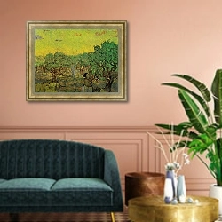 «Оливковая роща и сборщики» в интерьере классической гостиной над диваном