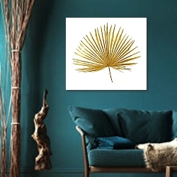 «Сушеный веерный лист» в интерьере зеленой гостиной в этническом стиле над диваном