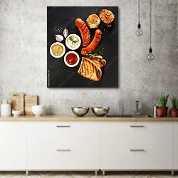 «Жареные колбаски с различными соусами» в интерьере современной кухни над раковиной