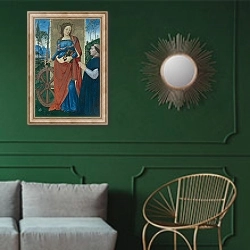 «Святая Катерина Александрийская с дарителем» в интерьере классической гостиной с зеленой стеной над диваном