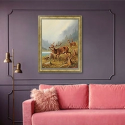 «Ревущий олень» в интерьере гостиной с розовым диваном