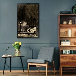 «Démolition du Vieil Hôtel-Dieu» в интерьере гостиной в стиле ретро в серых тонах