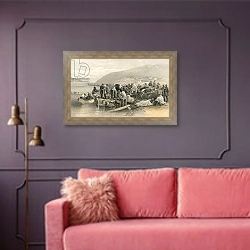 «Embarkation of the sick at Balaklava» в интерьере гостиной с розовым диваном