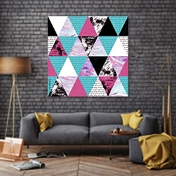 «Цветные треугольники с текстурами» в интерьере в стиле лофт над диваном