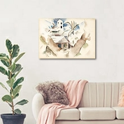 «Bermuda No. 1, Tree and House» в интерьере современной светлой гостиной над диваном