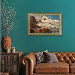 «A Glacier in the Salzburg Region» в интерьере гостиной с зеленой стеной над диваном