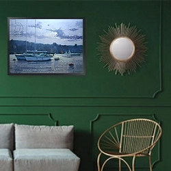 «Salcombe - Moored Yachts, Late Afternoon» в интерьере классической гостиной с зеленой стеной над диваном