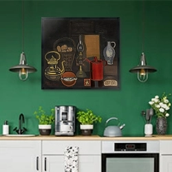 «Stilleven met rode kan» в интерьере кухни с зелеными стенами