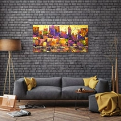 «Красочный абстрактный городской пейзаж» в интерьере в стиле лофт над диваном