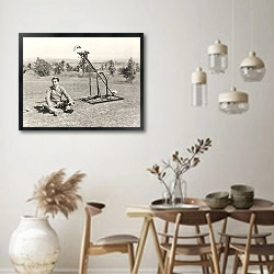 «Robot hitting golf ball on man's head» в интерьере столовой в стиле ретро