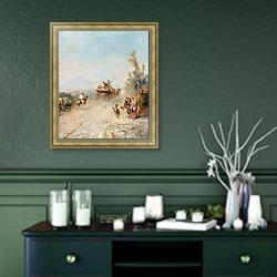 «Дорога в Помпеи» в интерьере прихожей в зеленых тонах над комодом