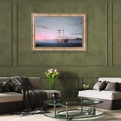 «Лесозаготовительные шхуны вечером в заливе Пенобскот» в интерьере гостиной в оливковых тонах