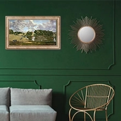 «Wivenhoe Park, Essex, 1816» в интерьере классической гостиной с зеленой стеной над диваном