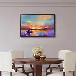 «Акварельный пейзаж с яхтой на закате» в интерьере столовой в классическом стиле