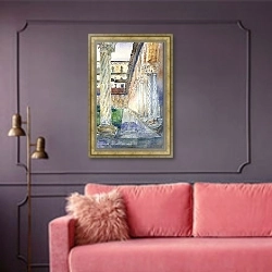 «Cathedral at Monreale, Sicily» в интерьере гостиной с розовым диваном