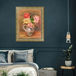 «Roses in a pottery vase» в интерьере классической спальни с темными стенами