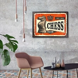 «Шахматный клуб, винтажная вывеска шахматной фигурой» в интерьере в стиле лофт с бетонной стеной