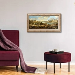 «Paris; A View Of The Pont Neuf With Royal Parade» в интерьере гостиной в бордовых тонах