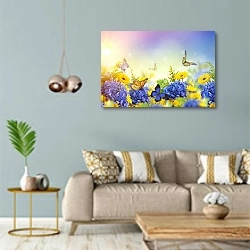 «Солнечный сад с жёлтыми и синими цветами и бабочками» в интерьере современной гостиной с голубыми стенами