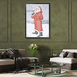 «Father Christmas and a Robin» в интерьере гостиной в оливковых тонах