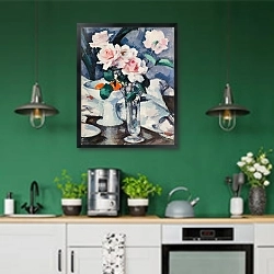 «Pink Roses in a Glass Vase» в интерьере кухни с зелеными стенами