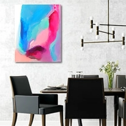 «Розово-голубая акварель» в интерьере современной столовой с черными креслами