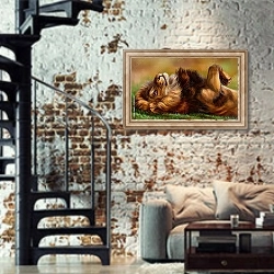 «Лев на траве» в интерьере двухярусной гостиной в стиле лофт с кирпичной стеной