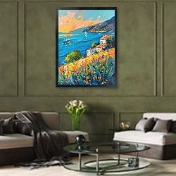 «Blooming sunrise by the sea» в интерьере гостиной в оливковых тонах