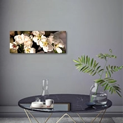 «Панорама с цветками вишни» в интерьере современной гостиной в серых тонах