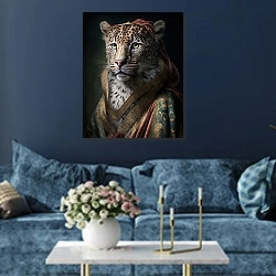 «Леди Леопардова» в интерьере современной гостиной в синем цвете