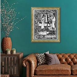 «The Lady of the Lake telleth Arthur of the sword Excalibur, 1893-94» в интерьере гостиной с зеленой стеной над диваном