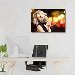 «stylish woman singing karaoke» в интерьере офиса над рабочим местом