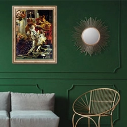 «The Medici Cycle: The Coronation of Marie de Medici, 1621-25» в интерьере классической гостиной с зеленой стеной над диваном