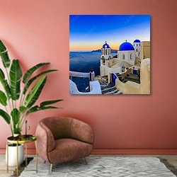 «Санторини, Греция - Ия на закате» в интерьере современной гостиной в розовых тонах