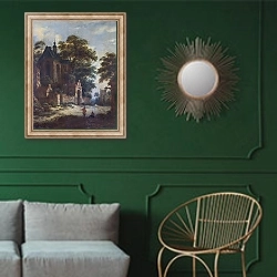 «Вид на деревню» в интерьере классической гостиной с зеленой стеной над диваном
