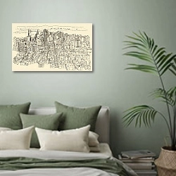 «Сан-Франциско: Городские горизонты и улочки» в интерьере современной спальни в зеленых тонах