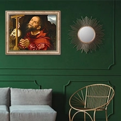 «Святой Иероним в молитве» в интерьере классической гостиной с зеленой стеной над диваном