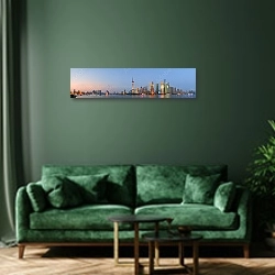 «Китай, Шанхай. Большая панорама на закате» в интерьере стильной зеленой гостиной над диваном