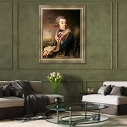 «Портрет Федора Артемьевича Боровского» в интерьере гостиной в оливковых тонах