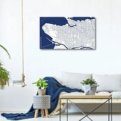 «План города Ванкувер, Канада, в синем цвете» в интерьере гостиной в скандинавском стиле над диваном