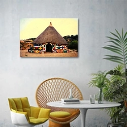 «Африканская хижина» в интерьере современной гостиной с желтым креслом