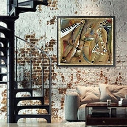 «Burlap Sax» в интерьере двухярусной гостиной в стиле лофт с кирпичной стеной