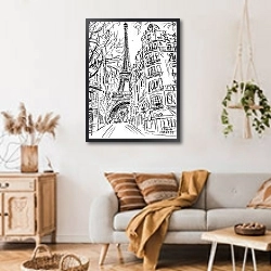 «Париж в Ч/Б рисунках #1» в интерьере гостиной в стиле ретро над диваном