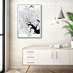 «План города Балтимор, США, в белом цвете» в интерьере комнаты в скандинавском стиле над тумбой